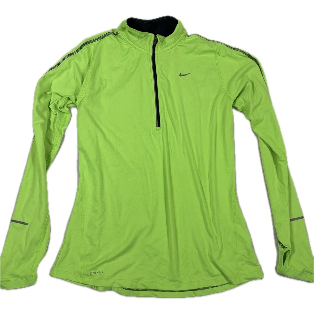 Nike Dri-Fit Running 1/4 Zip Pullover Women M Neon Green Long Sleeve Reflective